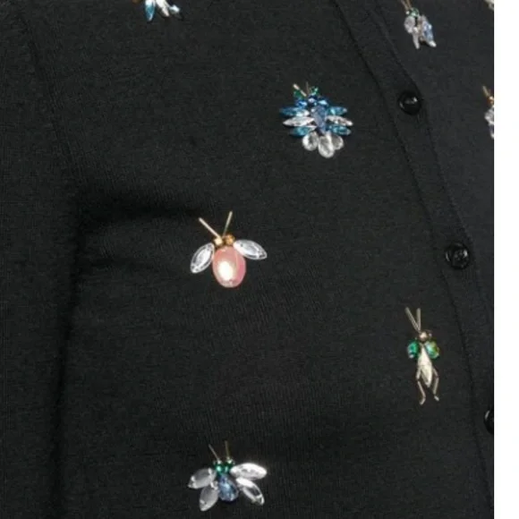 EUC Carolina Herrera Cashmere-silk Jeweled Bug Embroidered Cardigan In Black
